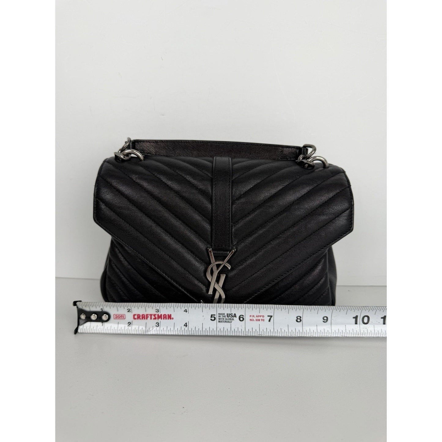 Saint Laurent College Shoulder Bag Medium in Black Chevron-Quilted Leather S-07