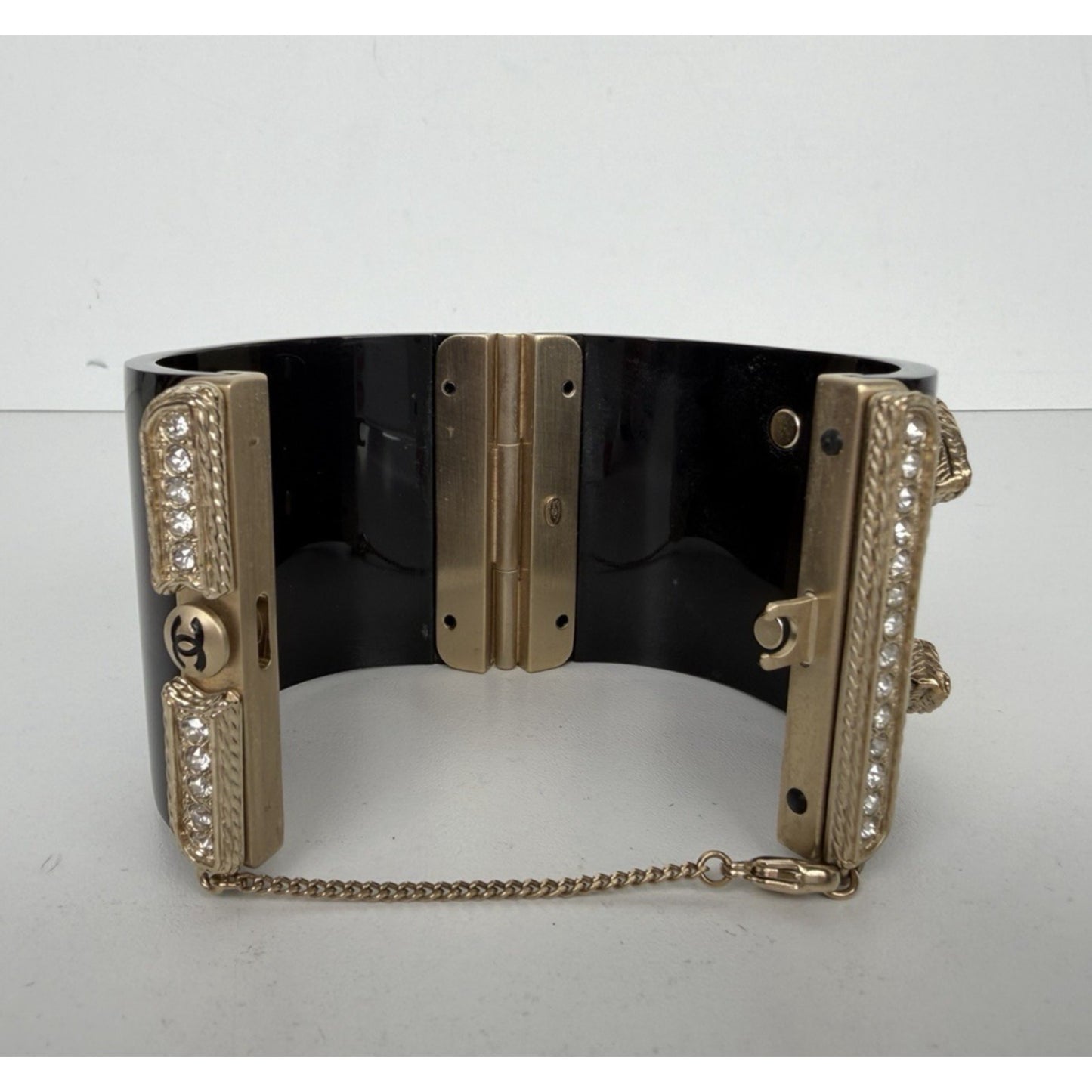 Chanel Resin & Crystal CC Hinged Cuff Wide Bracelet in Black & Gold