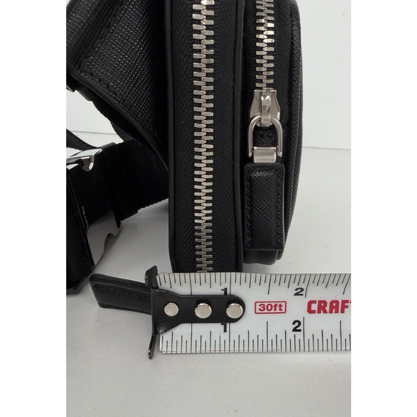 Prada Enameled Metal Triangle Logo Belt Bag in Black Saffiano Leather B-5