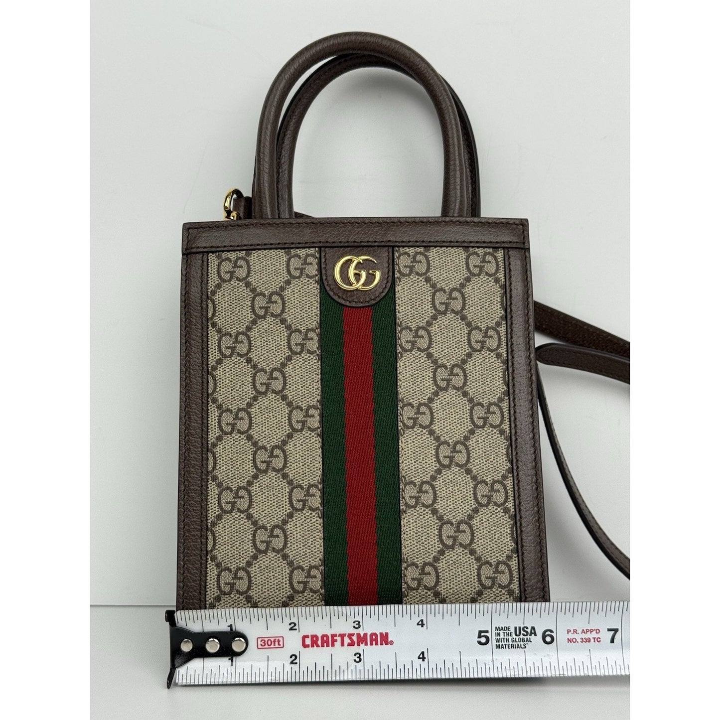 GUCCI Ophidia GG Supreme Super Mini Crossbody Handbag Canvas Beige Brown