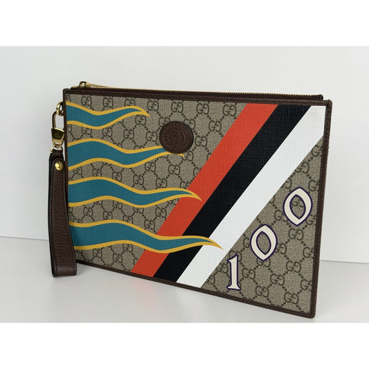 Gucci Interlocking GG Patch "Gucci 100" Pouch Medium Beige Coated Canvas S18