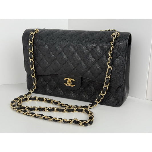 Chanel Classic Jumbo Double Flap Black Caviar Leather Women's Shoulder Bag