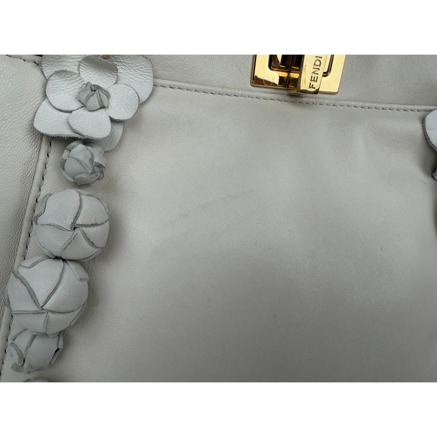Fendi Nappa Rosebud Mini Peekaboo Iconic Satchel in White Lambskin Leather S09