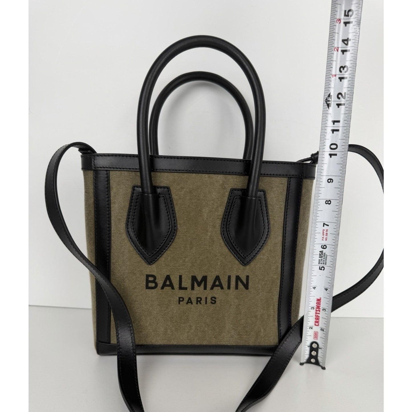 Balmain B-Army Logo Canvas 24 Shopper Tote Bag in Khaki & Black S17