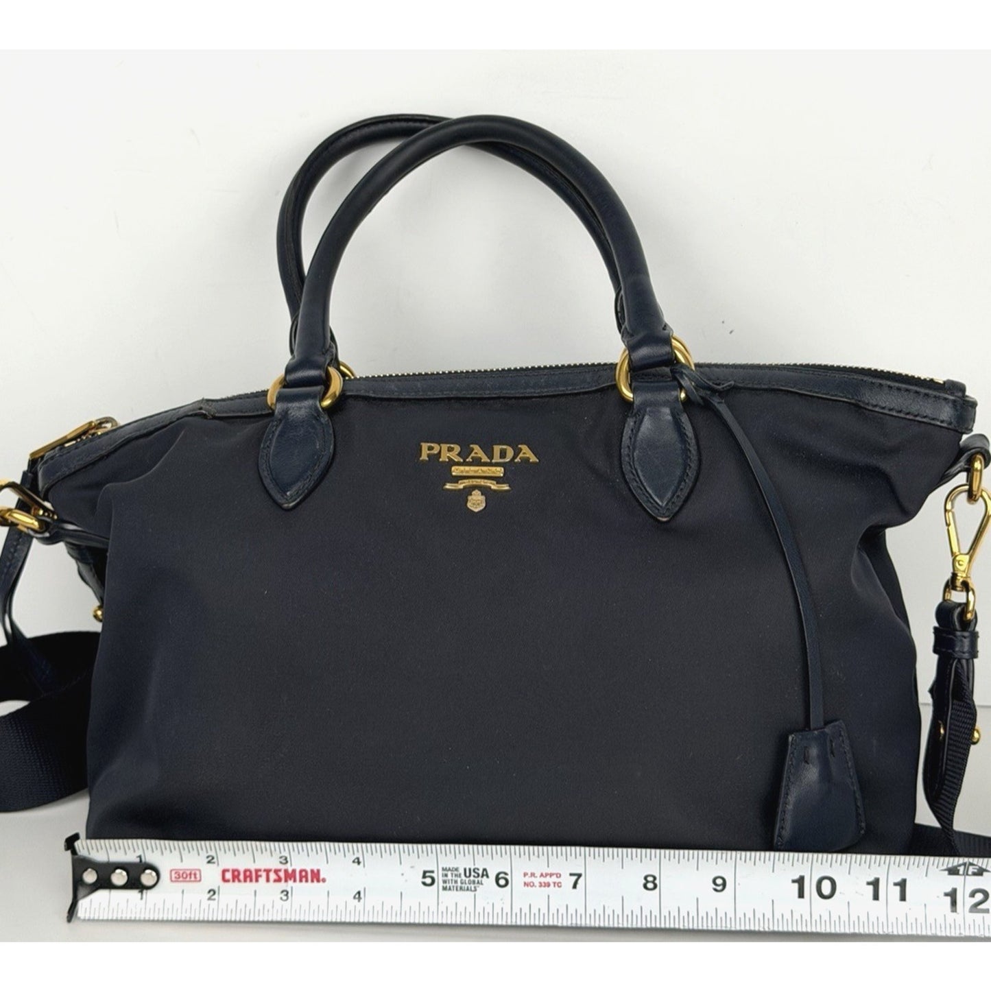 Prada Two-Way Satchel Handbag in Blue Tessuto Nylon Saffiano Leather S03