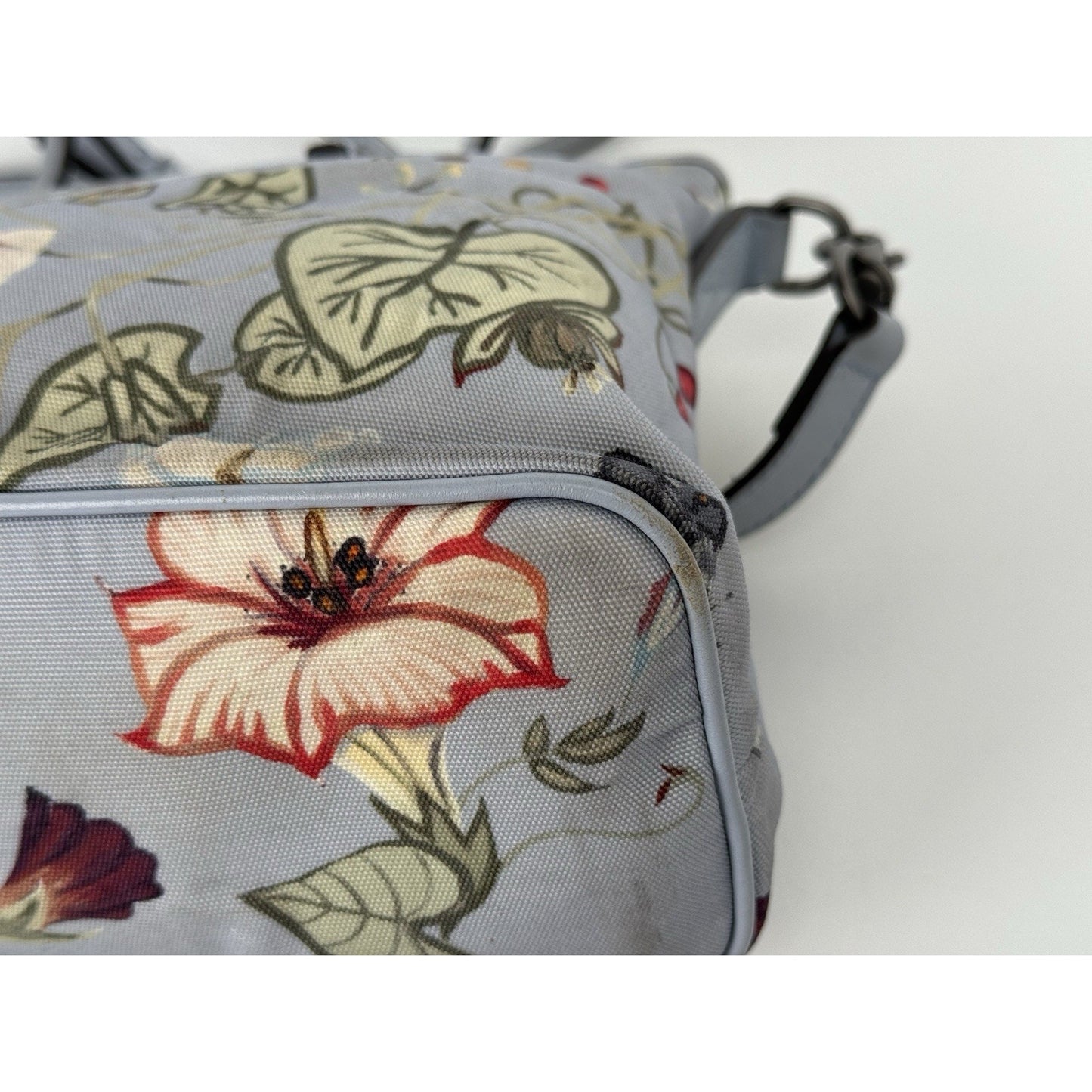 Gucci Flora Knight Zippered Tote Bag Dusty Blue Canvas with Leather Trim