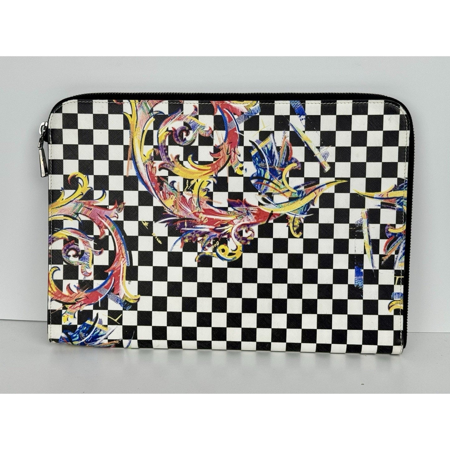 Versace Multicolour Checkerboard Pattern Leather Handbag Silver Hardware