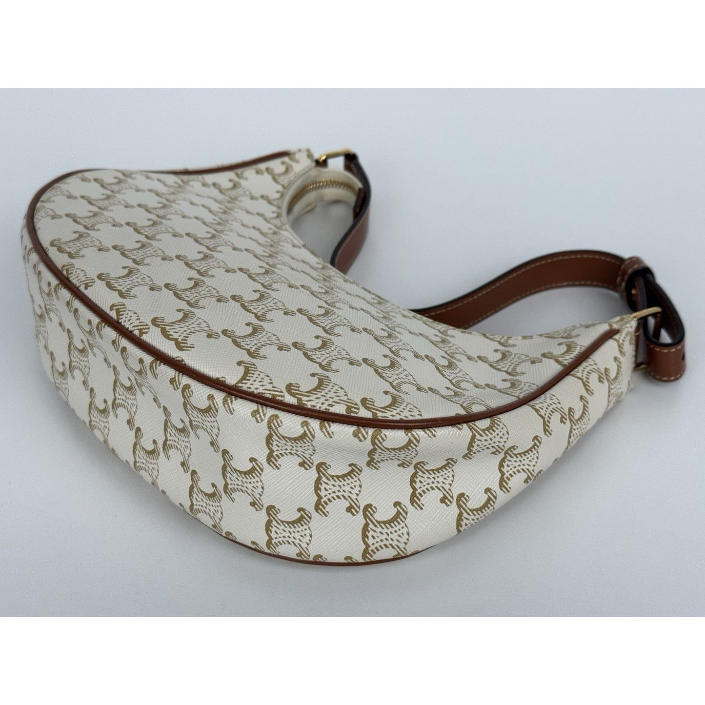 CELINE Canvas Calfskin Ava Triomphe Shoulder Bag White C-1