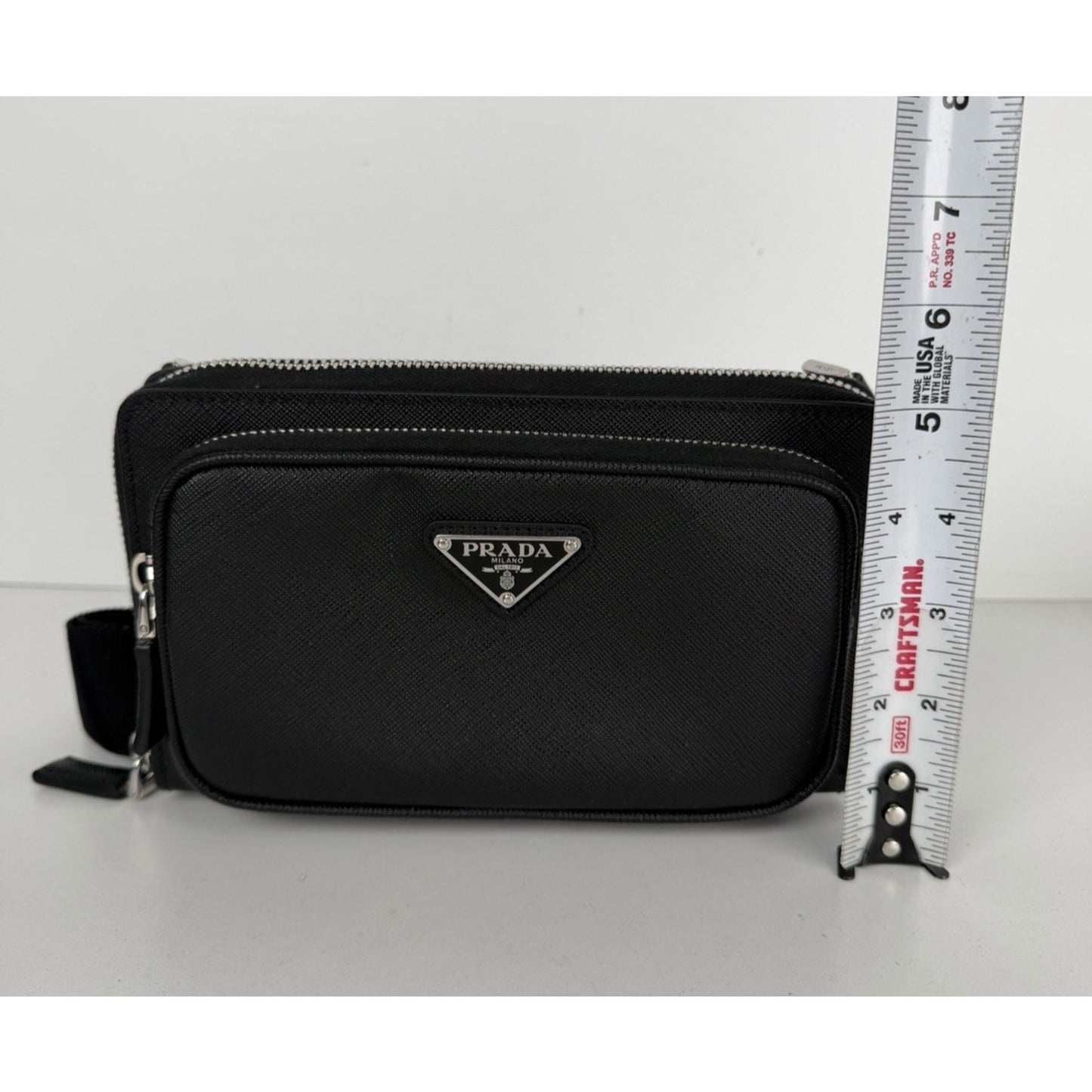Prada Enameled Metal Triangle Logo Belt Bag in Black Saffiano Leather B-5