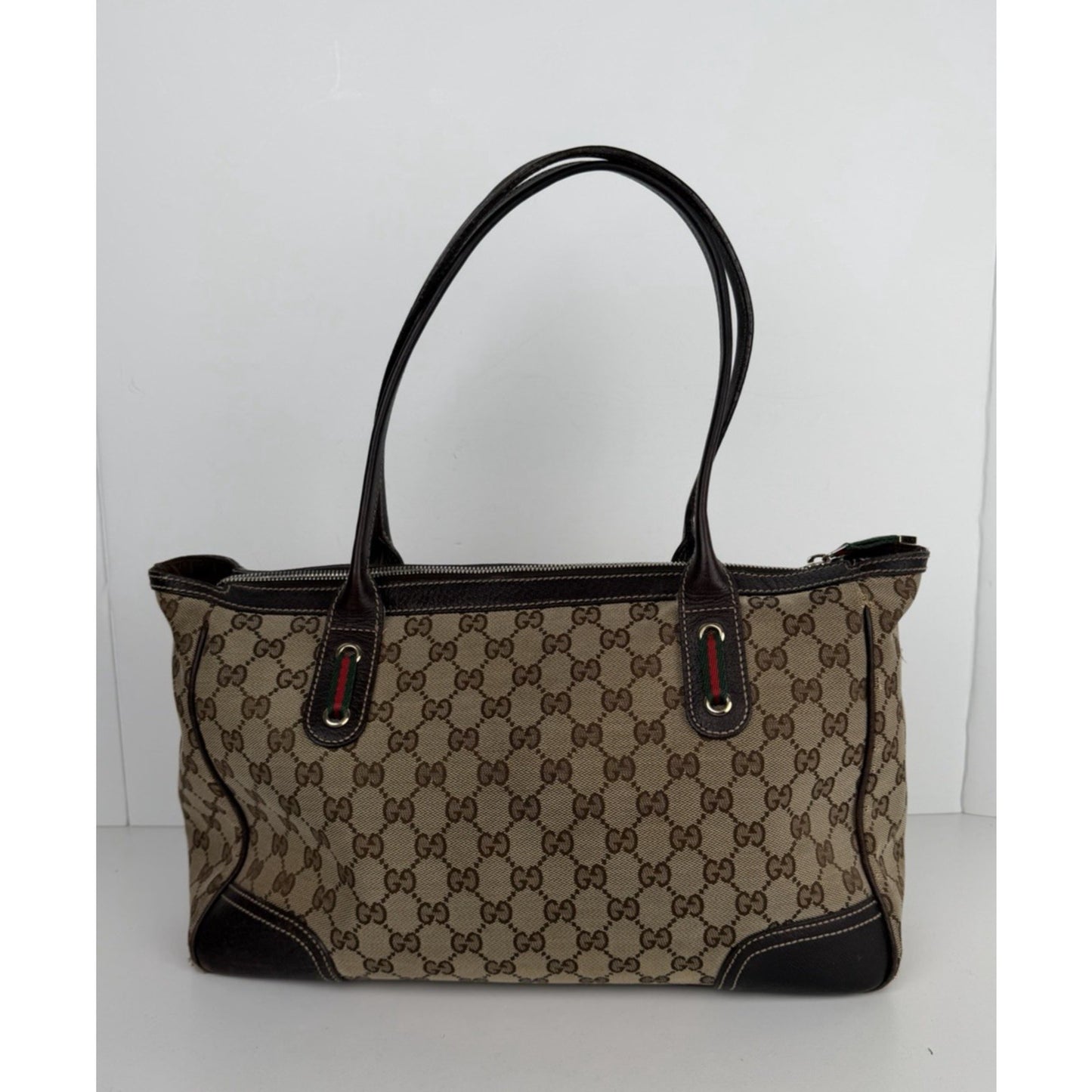 Gucci Medium Princy Tote Bag in GG Monogram Brown Canvas with Web Ribbon S18