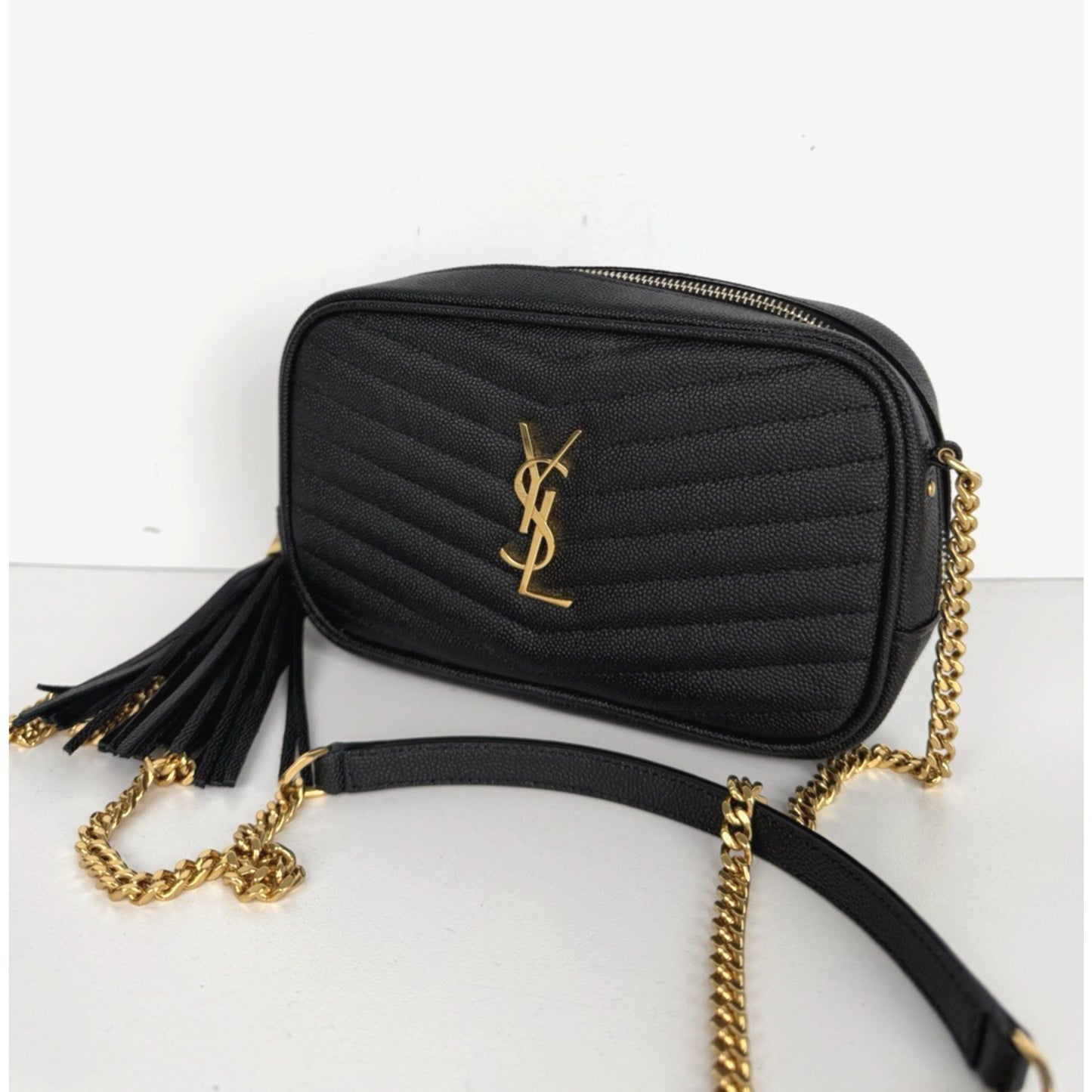 Saint Laurent Lou Camera Bag Mini in Black Quilted Grain De Poudre Leather S-01