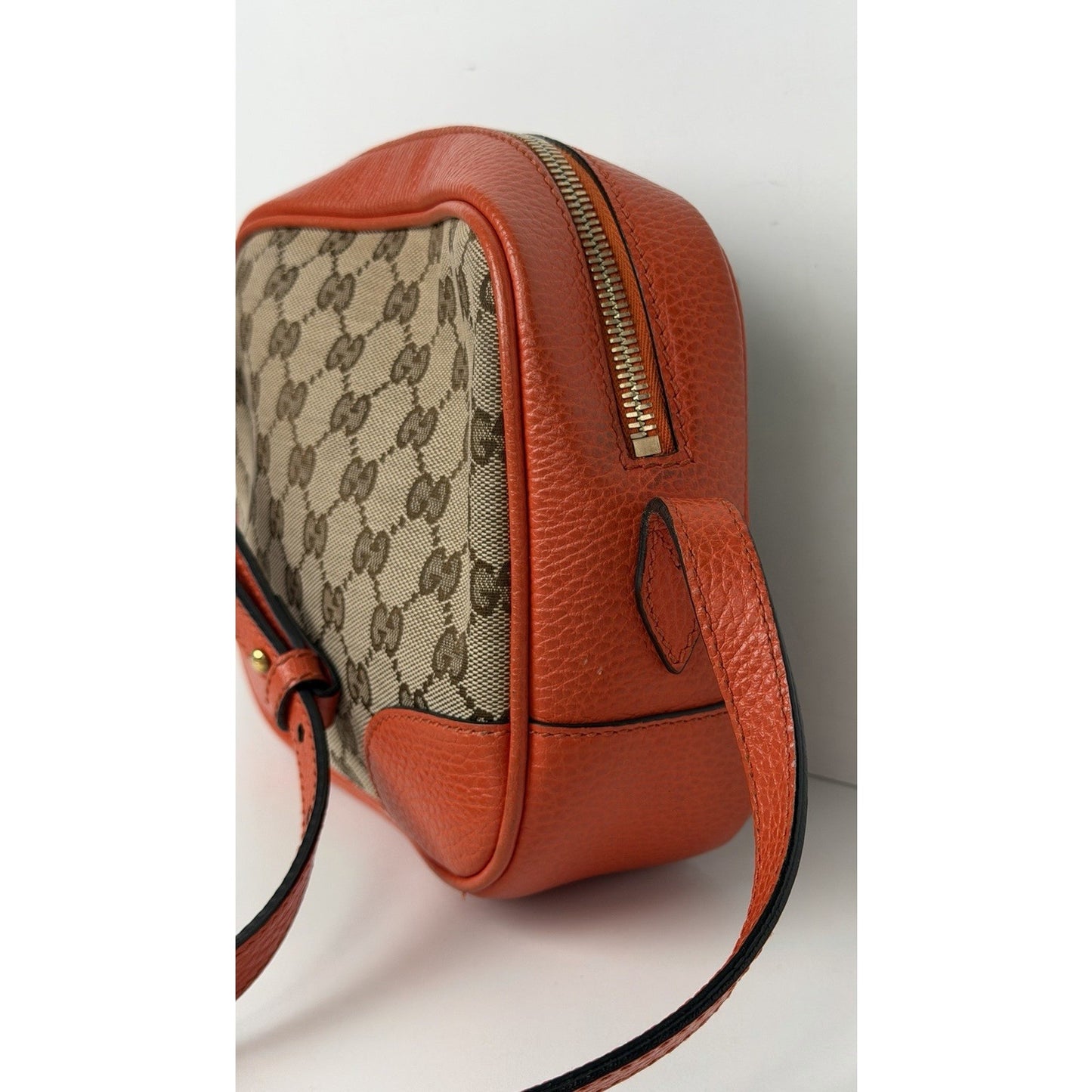 Gucci Bree Camera Bag Beige&Ebony GG Monogram Canvas & Orange leather Trim S11