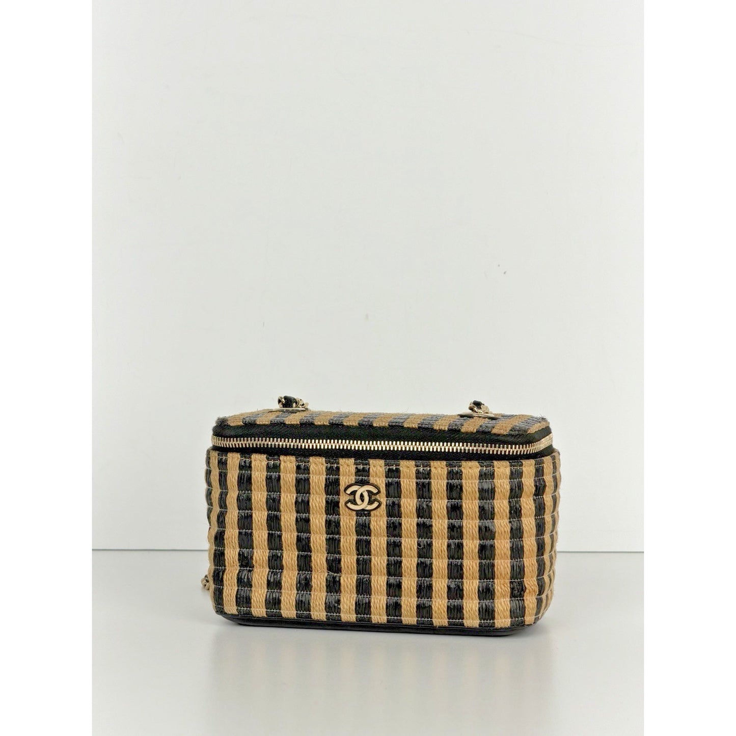Chanel Classic Vanity Case with Chain Striped Raffia and Jute Small