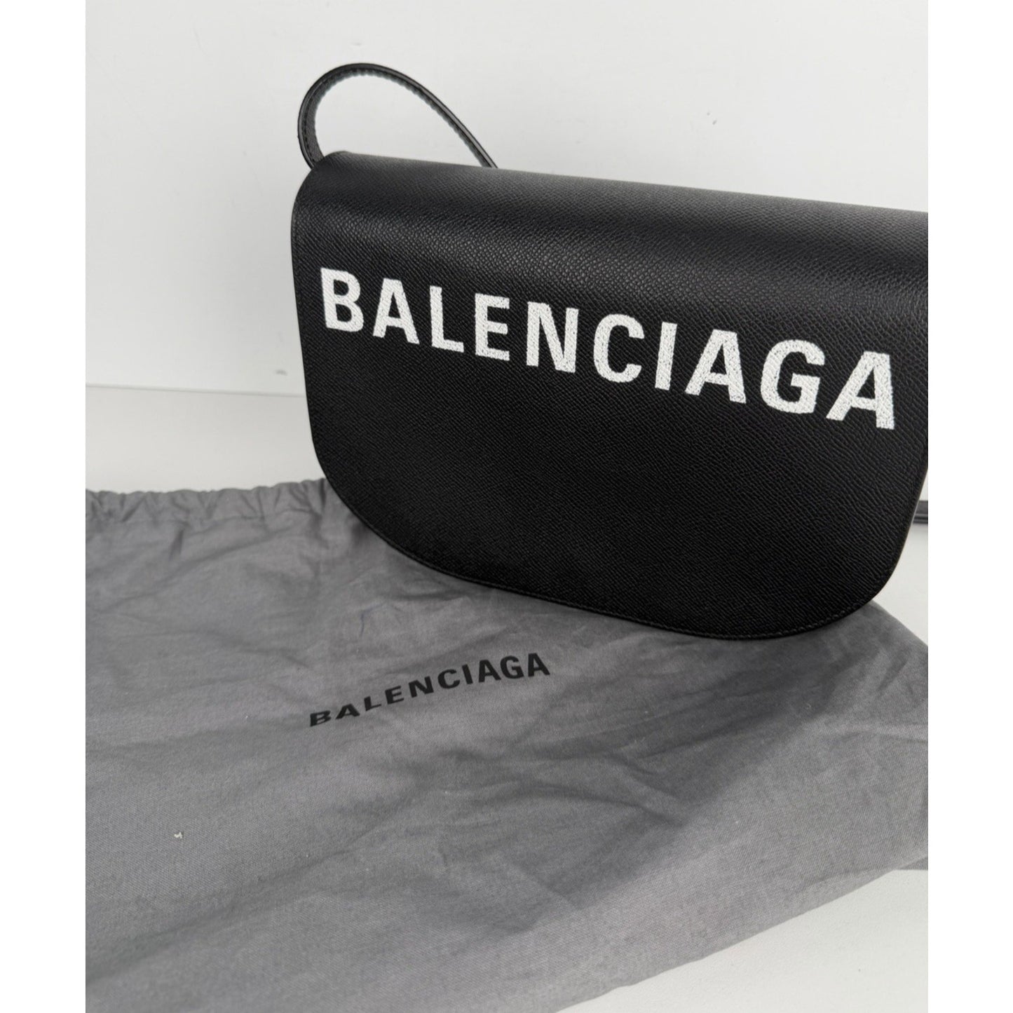 Balenciaga Ville Day Crossbody Bag in Black Grained Leather with White Logo S-16