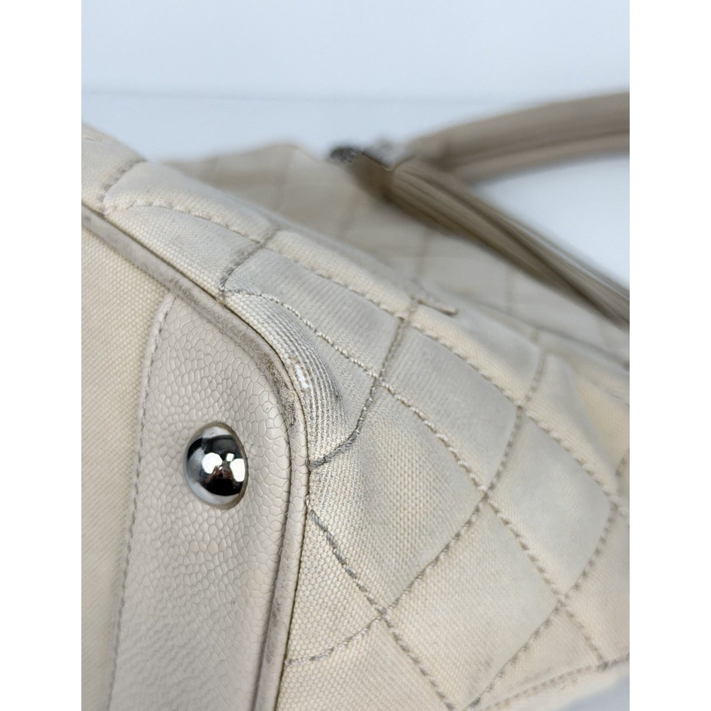Chanel Quilted Caviar Logo and Canvas Medallion Tote Handbag Beige 2004-2005 C7