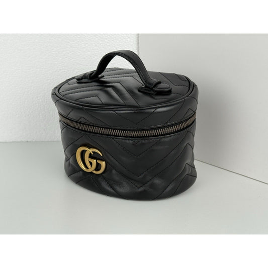 Gucci GG Matelassé Marmont Round Black Leather Cosmetic Pouch With Mirror