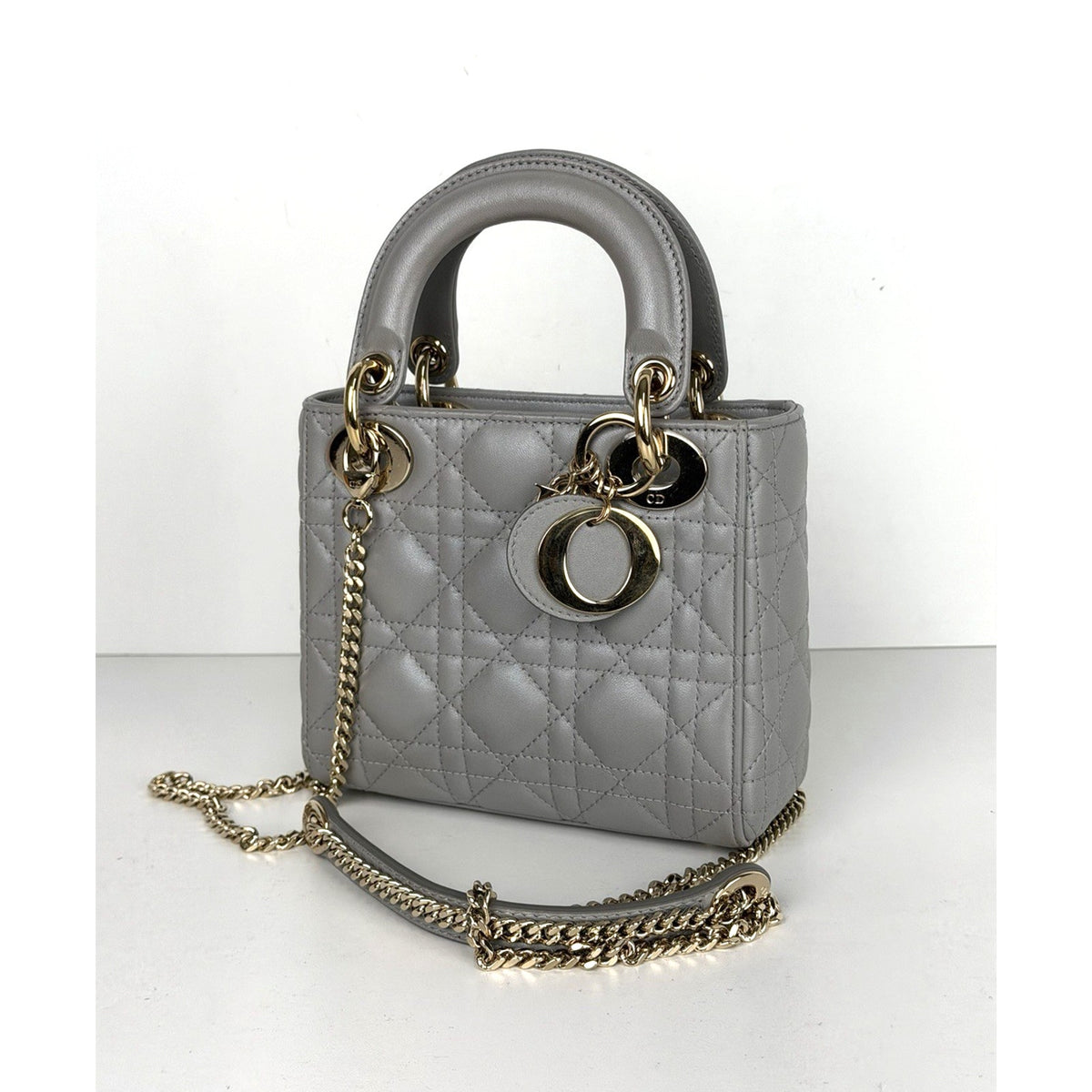 Christian Dior Mini Top Handle Bag in Gray Quilted Lambskin Leather 2020 U2