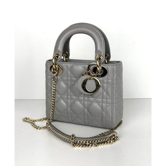 Christian Dior Mini Top Handle Bag in Gray Quilted Lambskin Leather 2020 U2