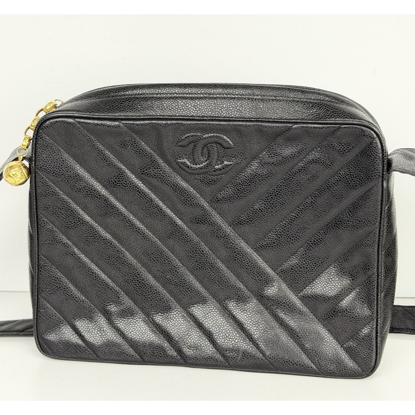 Chanel Chevron Caviar Camera Bag Large Vintage Black Quilted Leather 1991-1994 D8