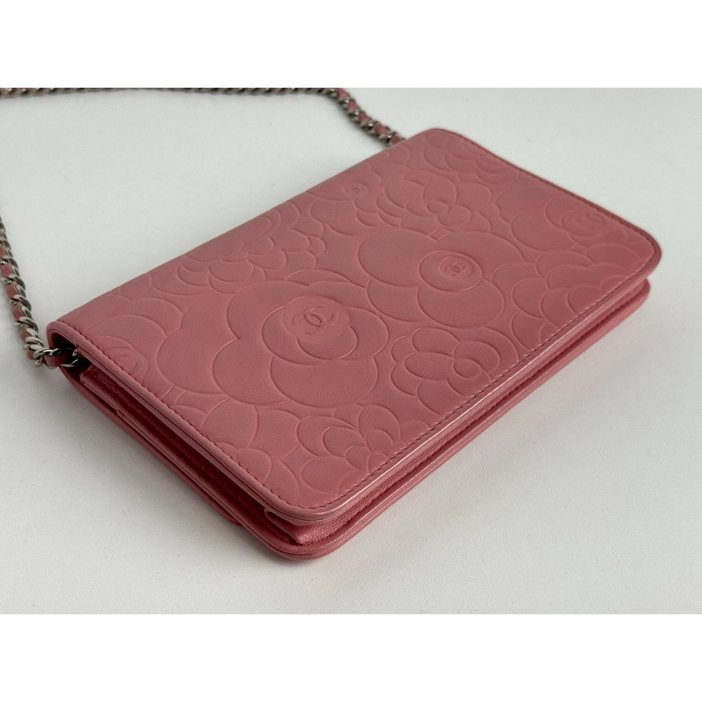 Chanel Camellia Wallet on Chain Pink Embossed Lambskin Silver Hardware B-9