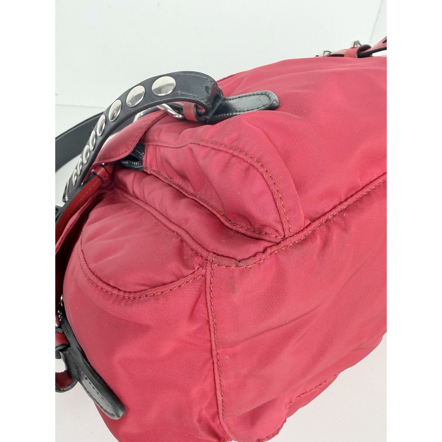 Prada New Vela Studded Messenger Medium in Cherry Red Nylon and Leather Trim S
