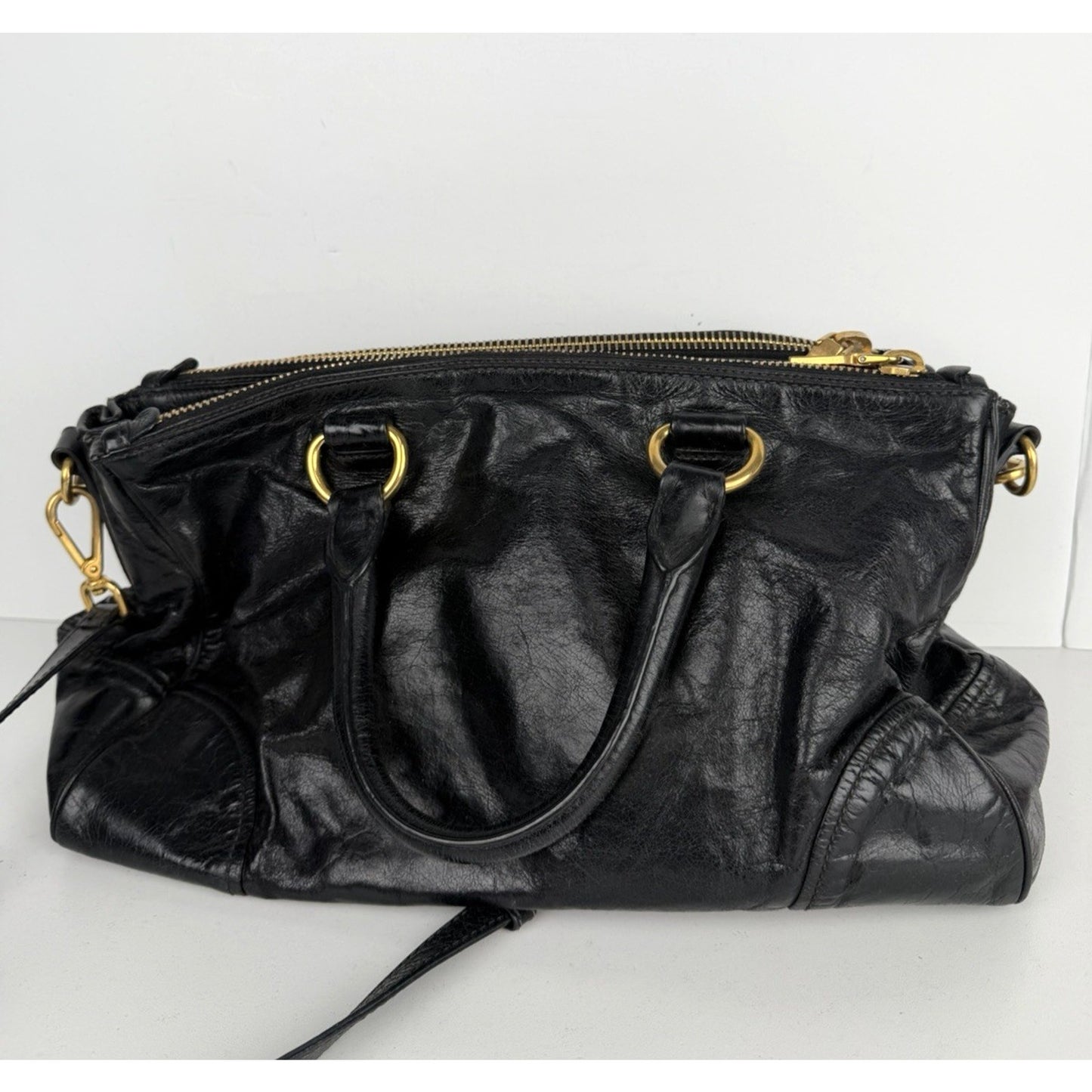 Prada Shopping Satchel Bag Medium Black Vitello Crinkled Leather Gold Hardware S