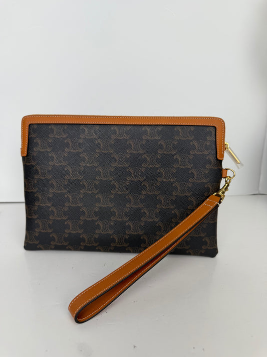 Celine Triomphe monogram coated canvas wristlet pouch with tan leather trim and gold-tone hardware