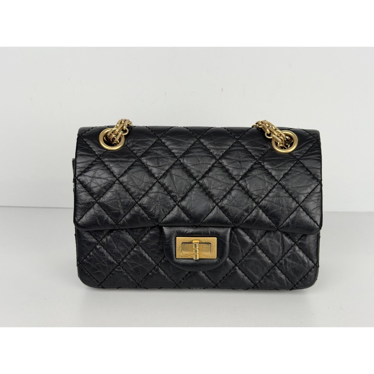 Chanel 2.55 Reissue Small Flap Bag Black Quilted Aged Calfskin Leather NFC C9