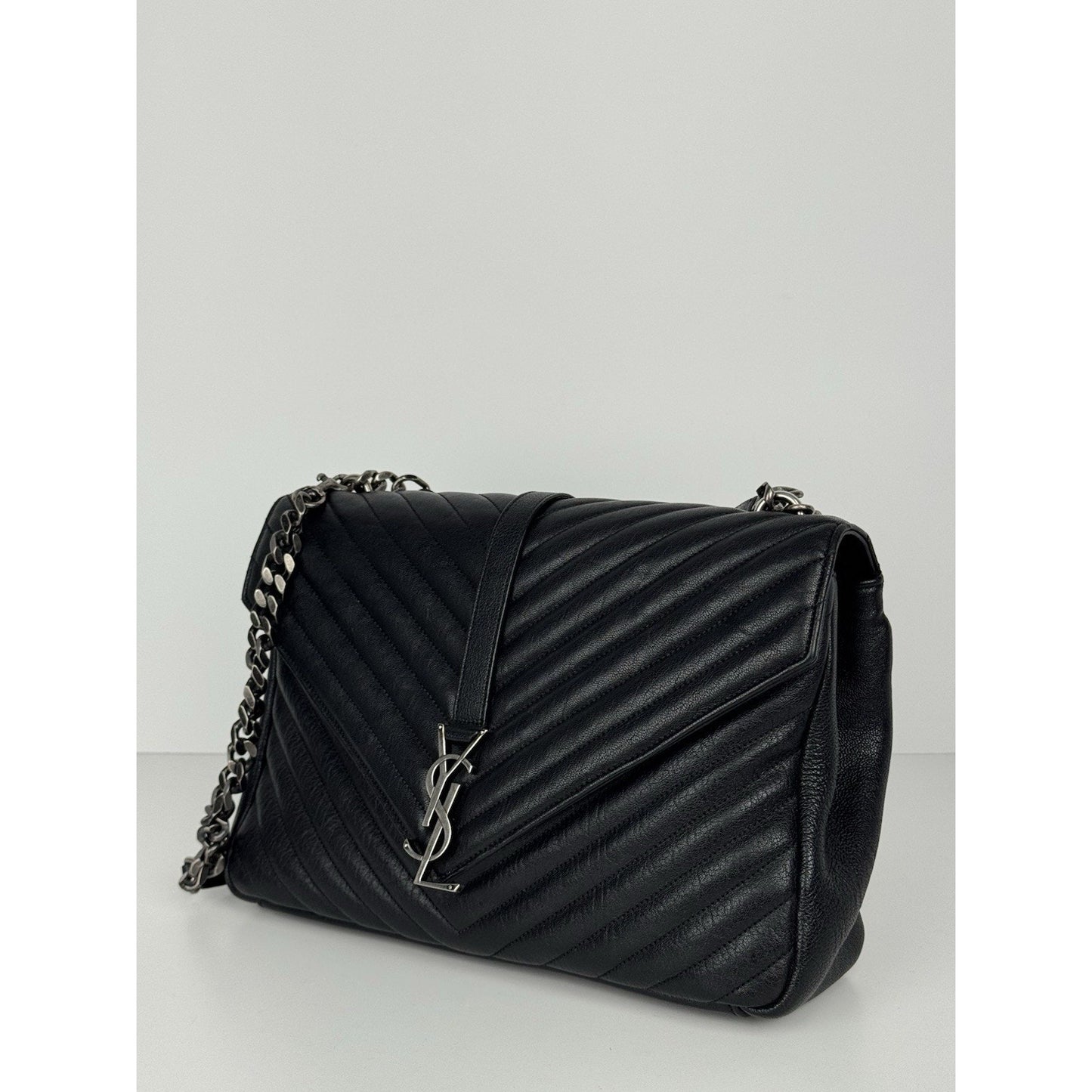 Saint Laurent Large College Satchel Black Chevron Leather Silver Hardware C5