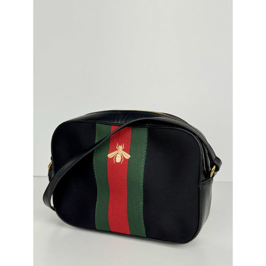 Gucci Webby Bee Black Canvas Crossbody Bag With Green Red Stripe D-1