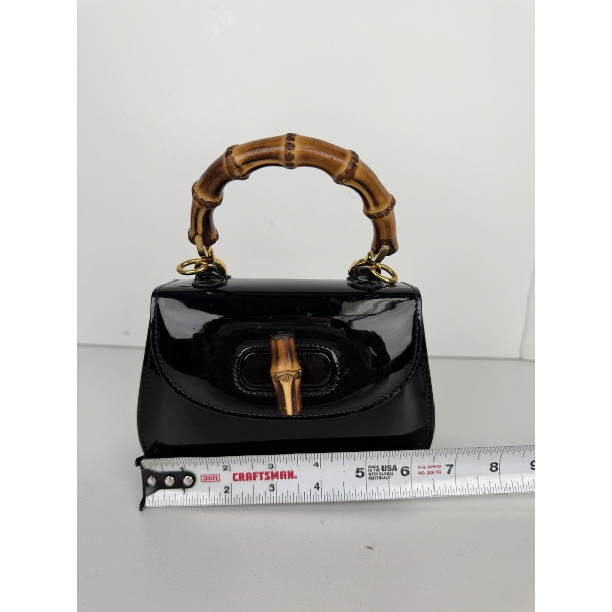 Gucci Bamboo 1947 Mini Top Handle Bag in Black Patent Leather S-19