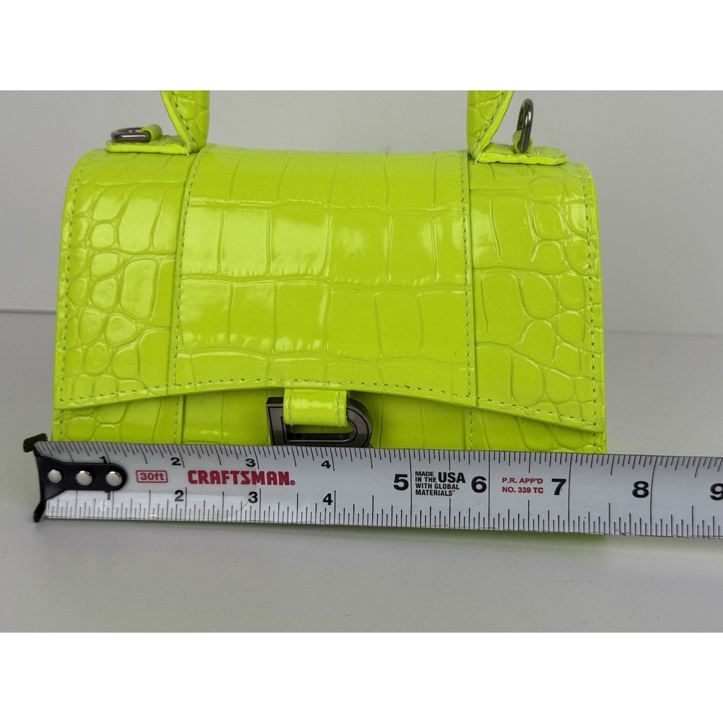 BALENCIAGA Crocodile Embossed Neon Green Leather Hourglass Top Handle Bag