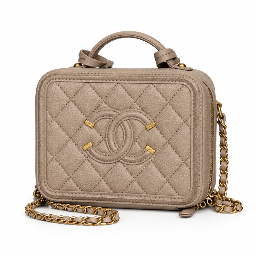 Chanel Small Vanity Case in Light Beige Quilted Caviar Leather