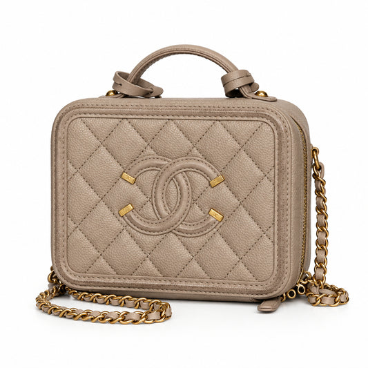 Chanel Small Vanity Case in Light Beige Quilted Caviar Leather