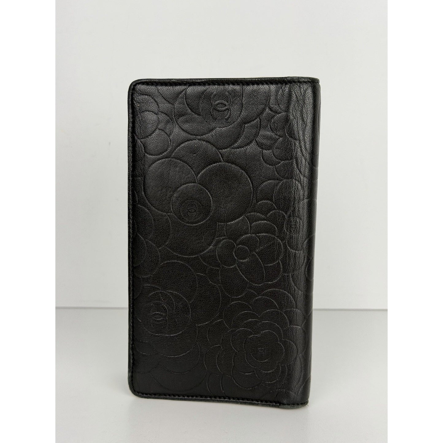 Chanel Camellia Bifold Long Wallet in Black Embossed Lambskin Leather 2010-2011