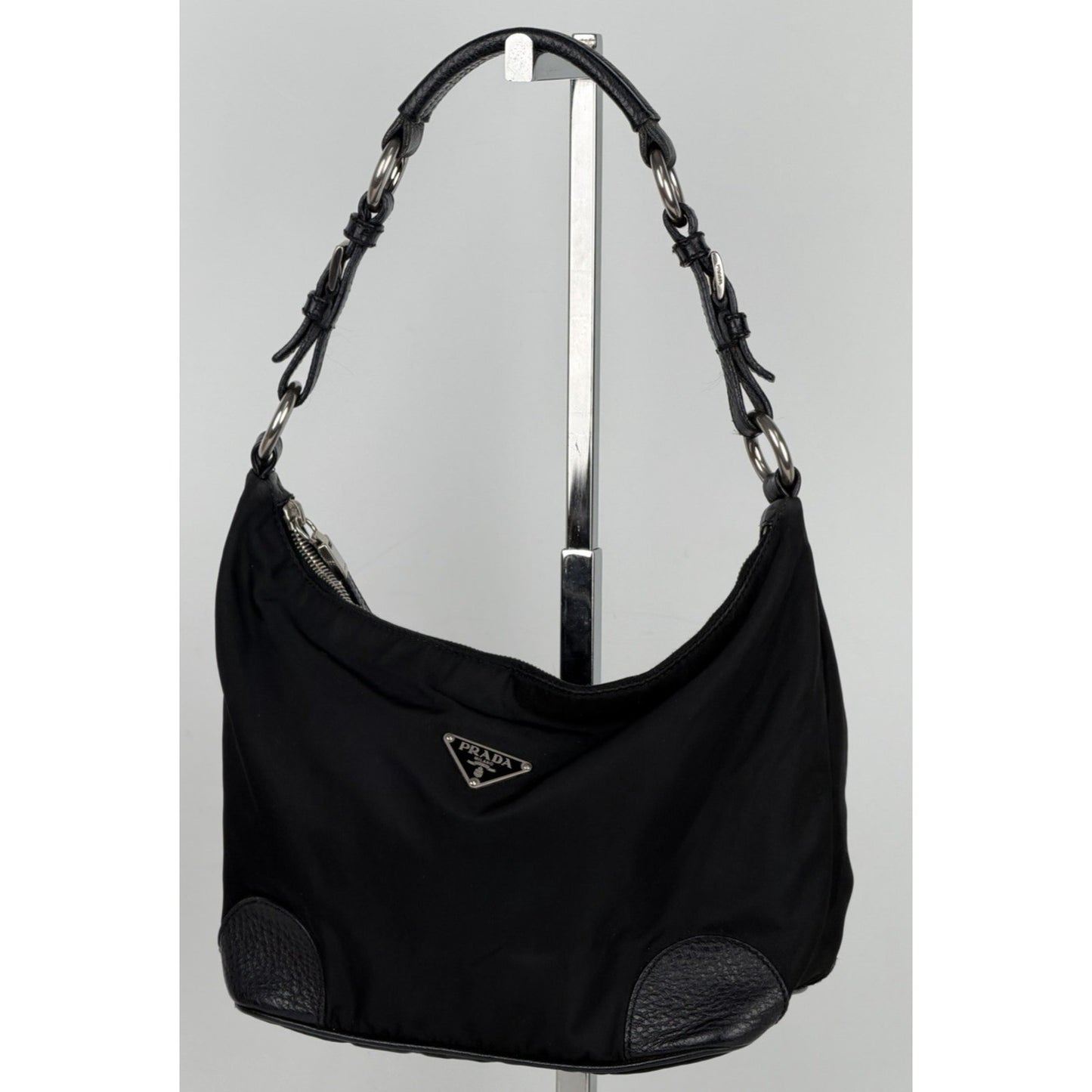 Prada Tessuto Nylon Shoulder Bag in Black Nylon with Leather Trim Vintage S08
