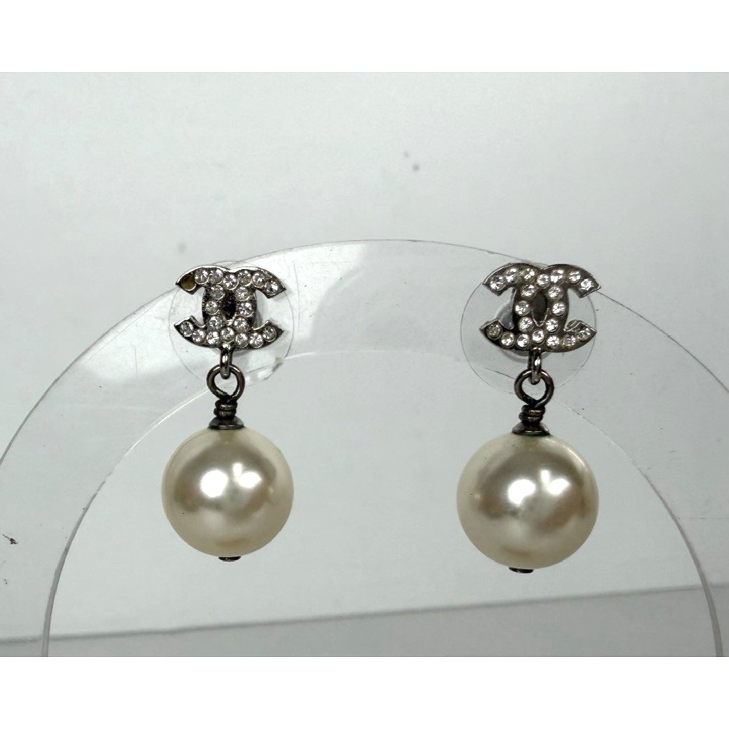 Chanel Faux Pearl & Strass CC Drop Earrings K-3