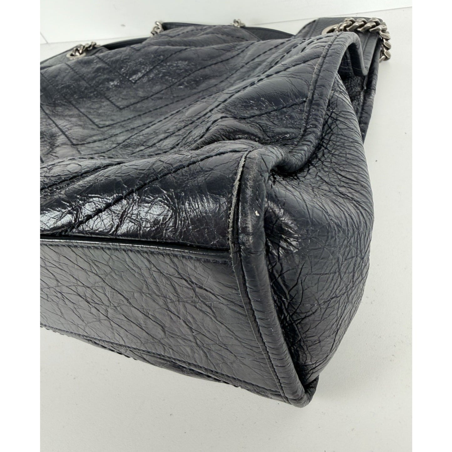 Saint Laurent Niki Shopper Tote Bag Large in Dark Navy Crinkled Leather S-13