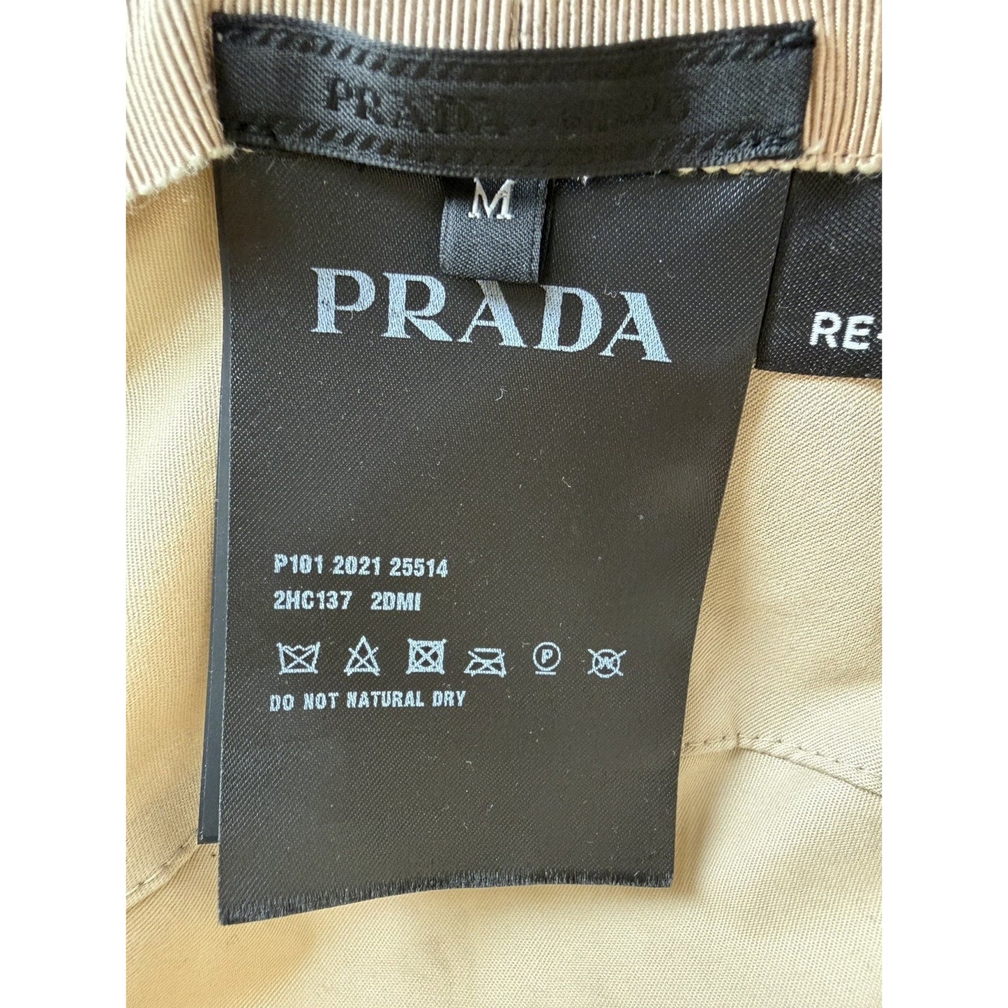 Prada Re-Nylon Bucket Hat Desert Beige & Metal Triangle Logo K3