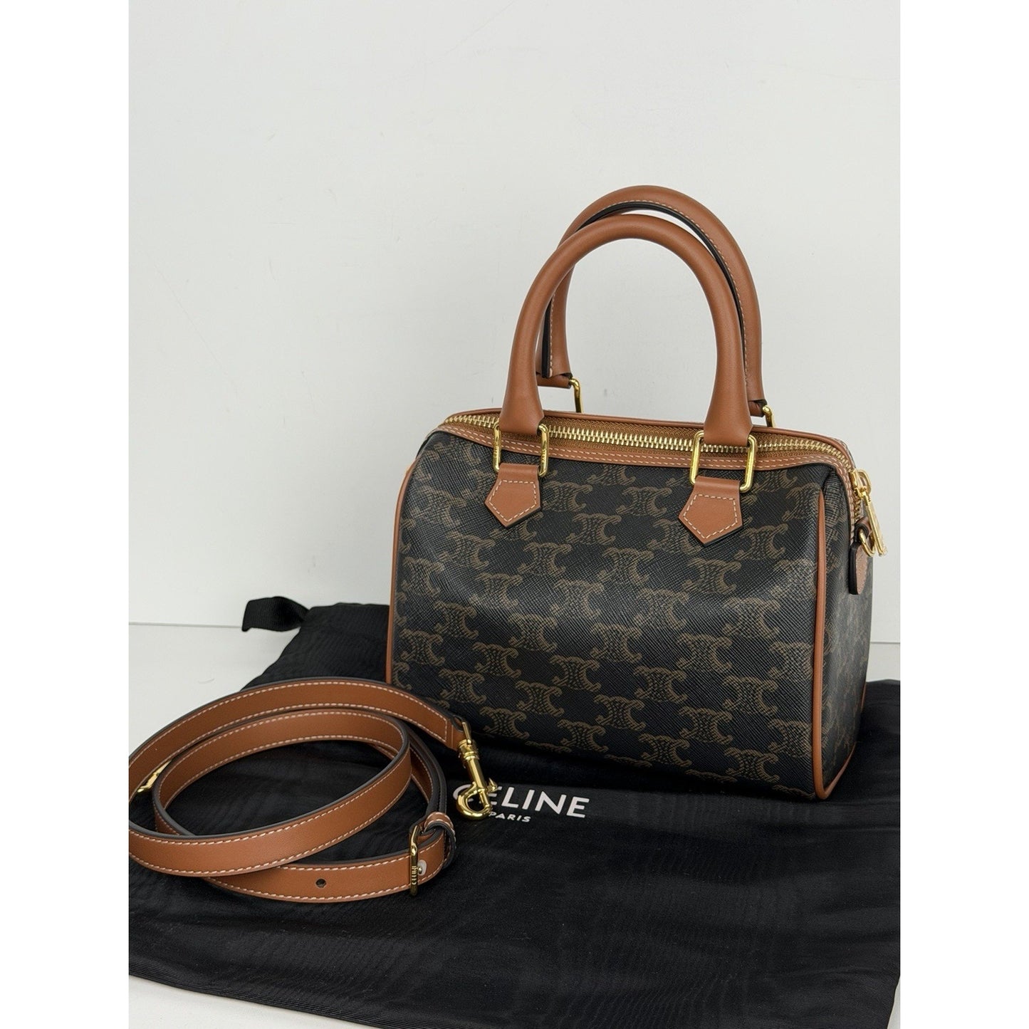 CELINE Small Boston Bag in Triomphe Canvas and Calfskin Leather E4