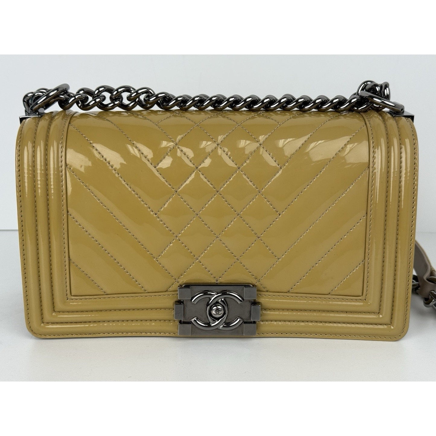 Chanel Boy Medium Chevron & Quilted Mustard Patent Leather Shoulder Bag