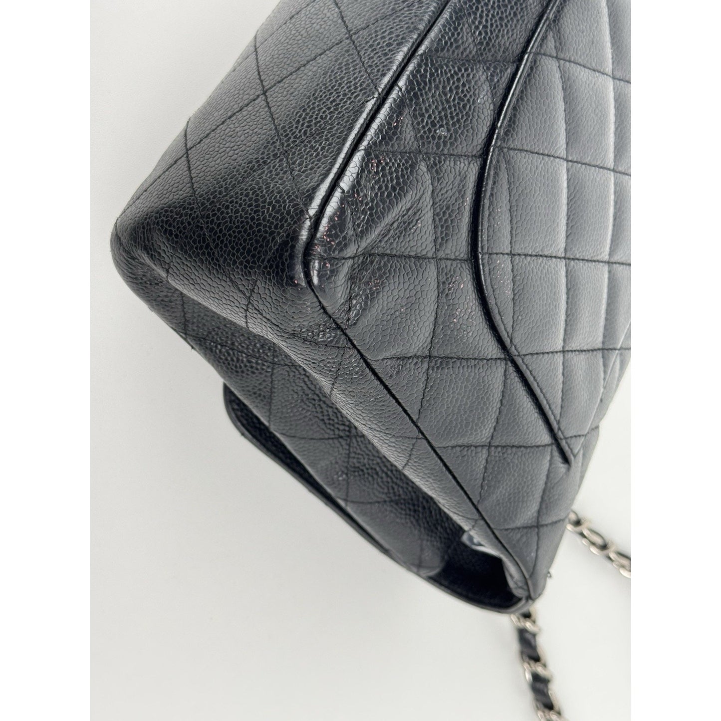 Chanel Jumbo Classic Single Flap Bag in Black Caviar Leather w Silver Hardware