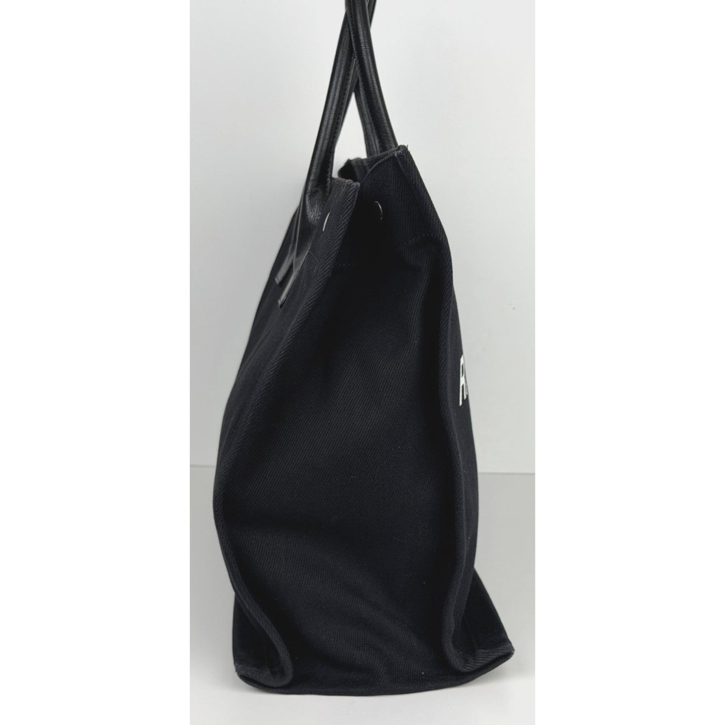 Saint Laurent Rive Gauche Tote Bag Bold White Logo Printed Black Canvas S