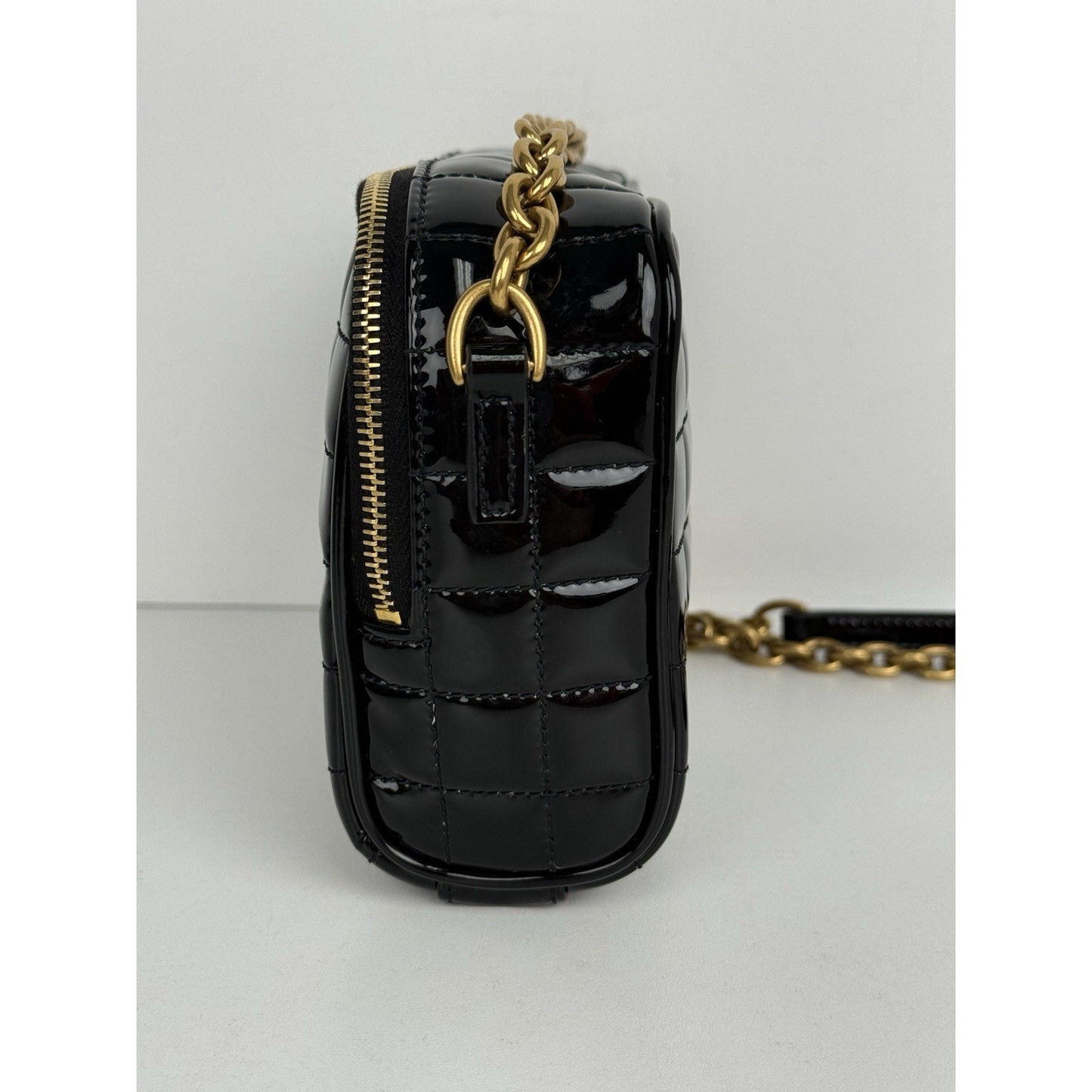 Saint Laurent Patent Calfskin Carré Quilted Cassandre Mini Camera Bag Black