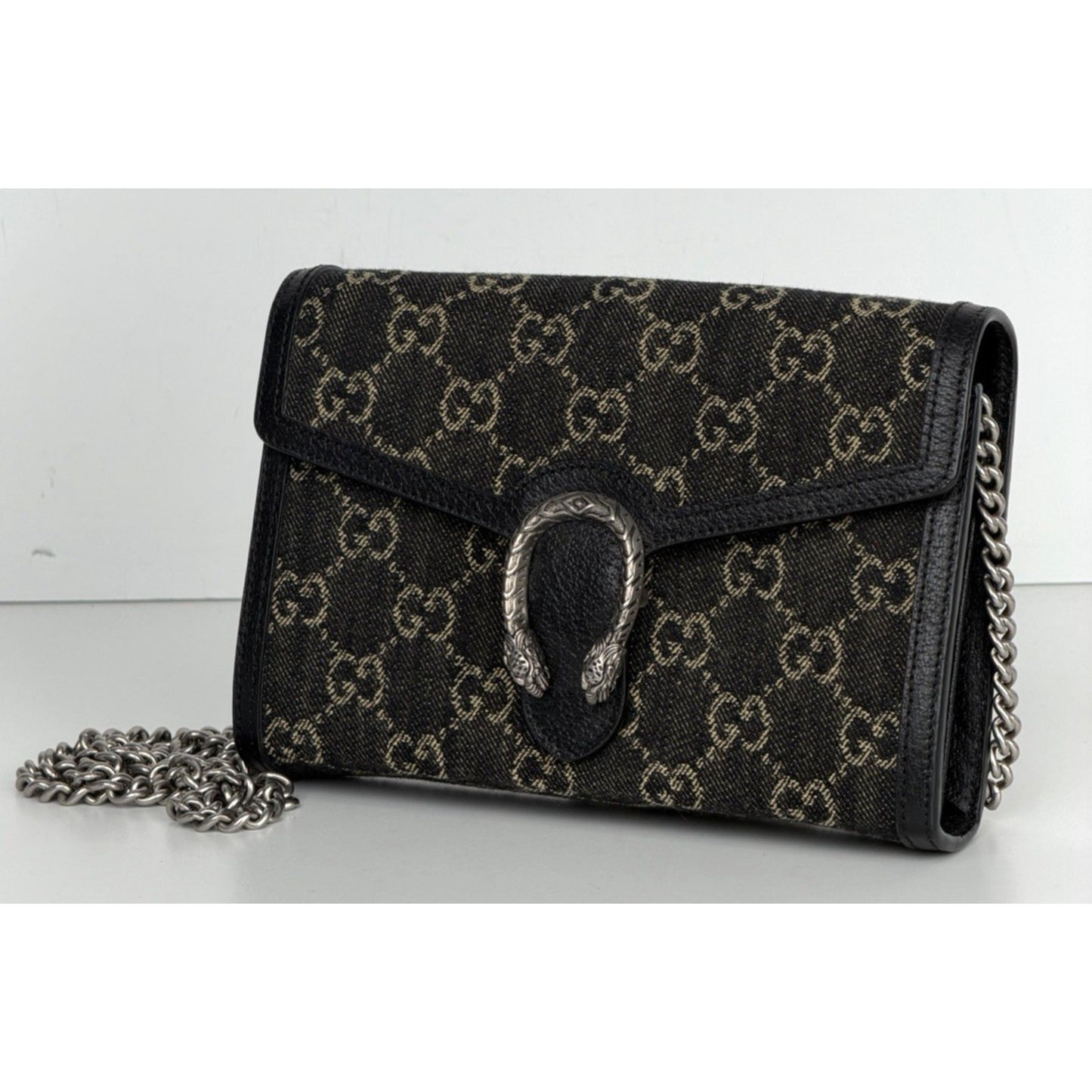 Gucci Dionysus Wallet Bag Mini on Chain in Black GG Supreme Denim Canvas S17