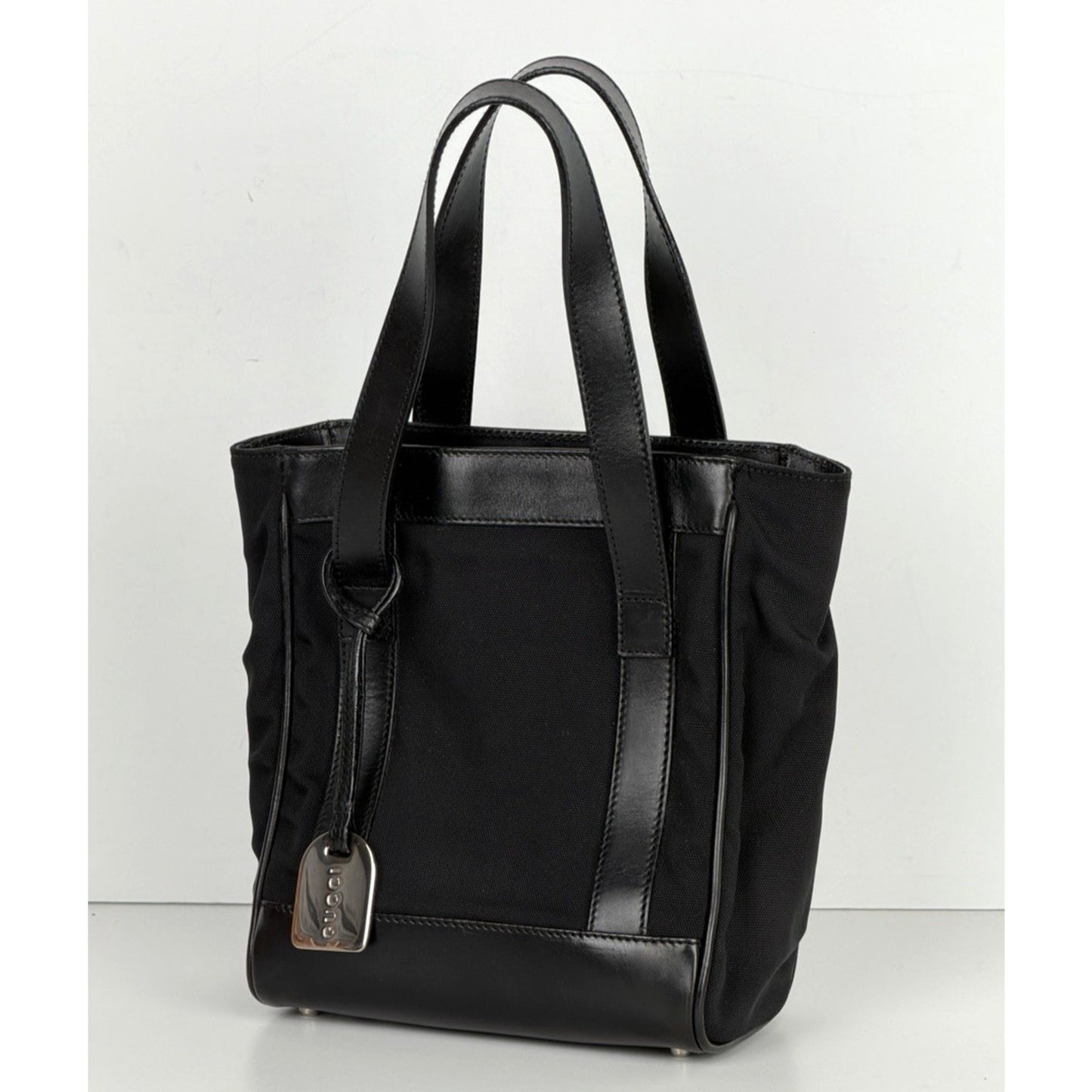 Gucci Nylon and Leather Tote Bag in Black with Metal Charm Vintage S04