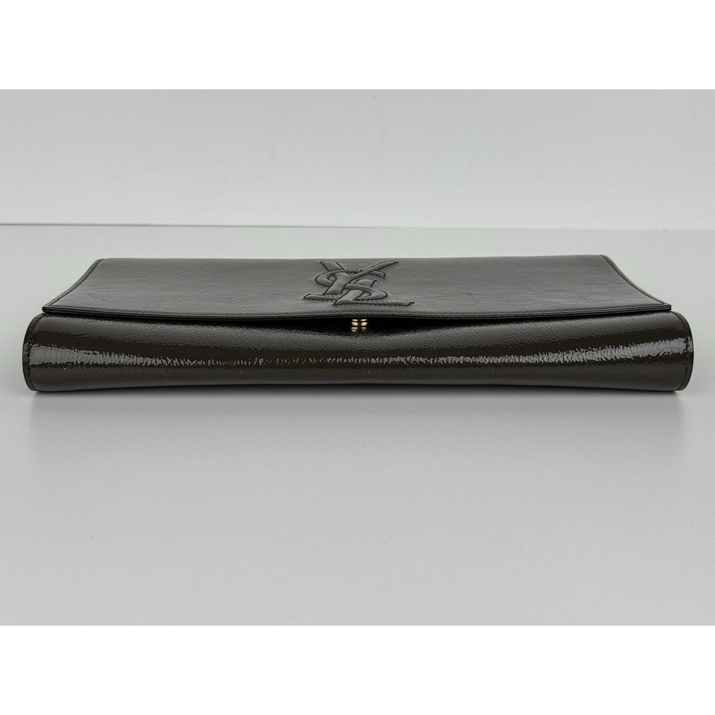 Saint Laurent Belle De Jour Patent Leather Flap Clutch Khaki w Gold Hardware C-6