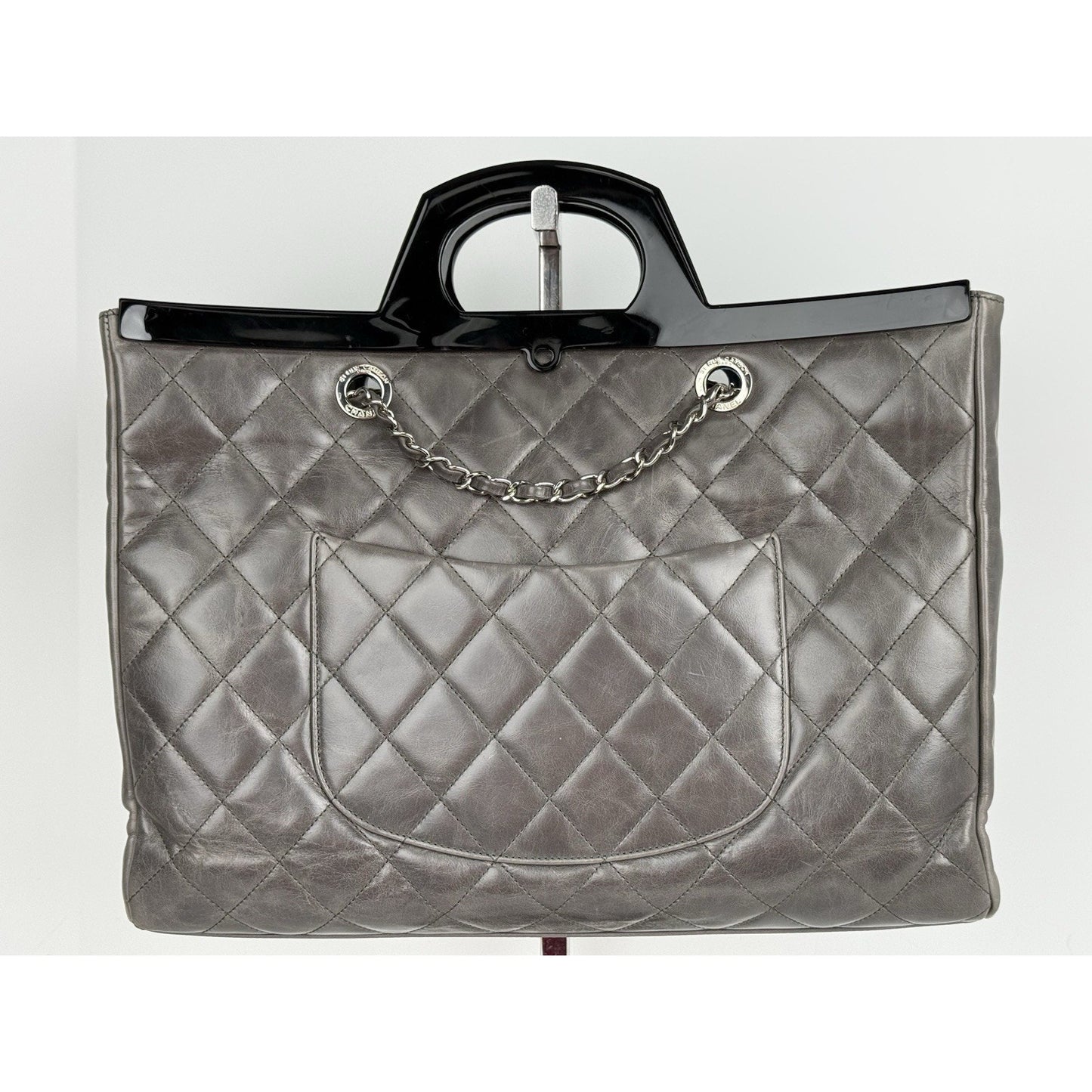 CHANEL Glazed Calfskin Quilted Large Delivery Tote Grey B-5
