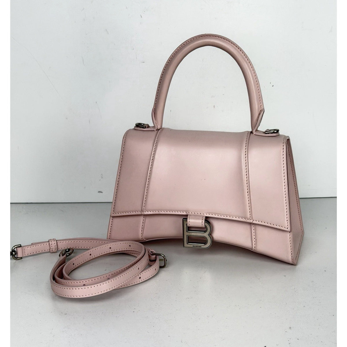 Balenciaga Hourglass Small Top Handle Bag in Pink Leather Detachable Strap S-05