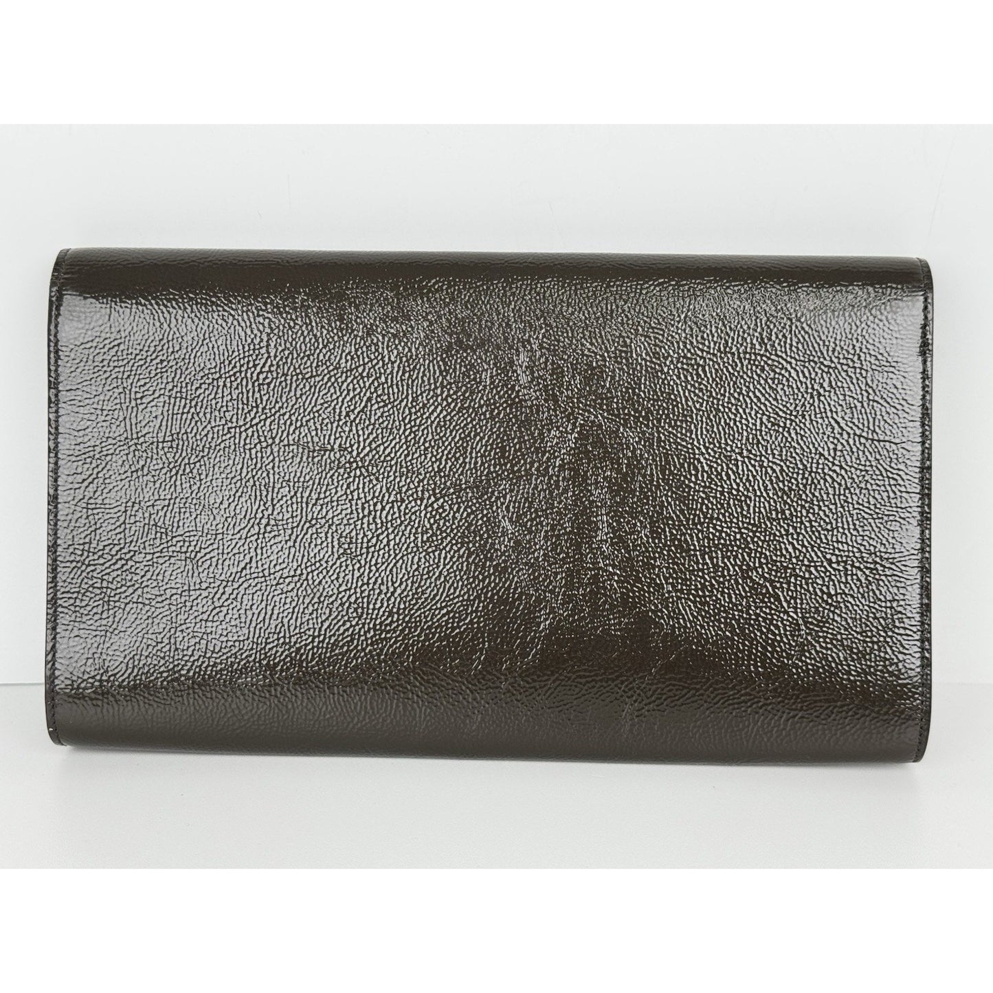 Saint Laurent Belle De Jour Patent Leather Flap Clutch Khaki w Gold Hardware C-6